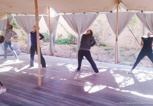 Baduanjin qigong, backstretching at the outside dojo Casa Gazebo, Cap Martinet 