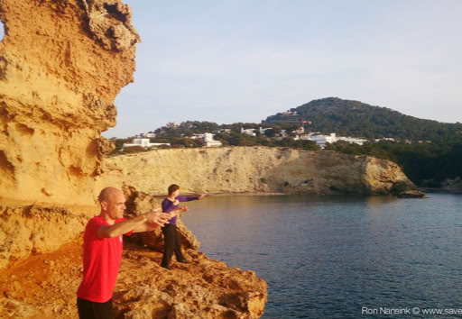Taikiken training outside on the rocks Casa Gazebo, Ibiza